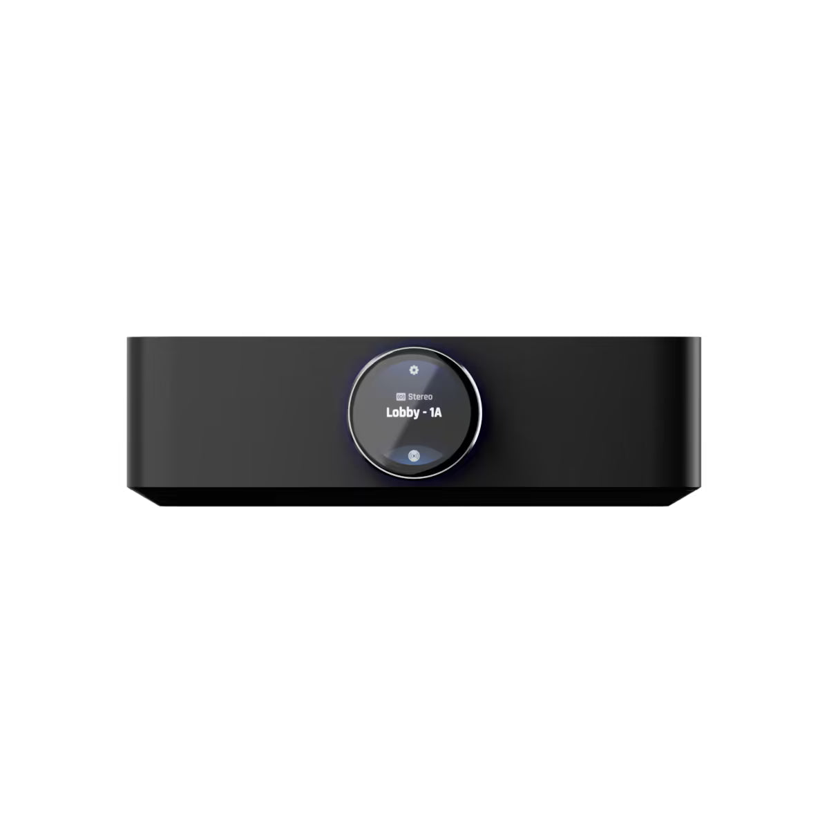 Front view of the Ubiquiti UniFi PowerAmp Black, showcasing its sleek design.