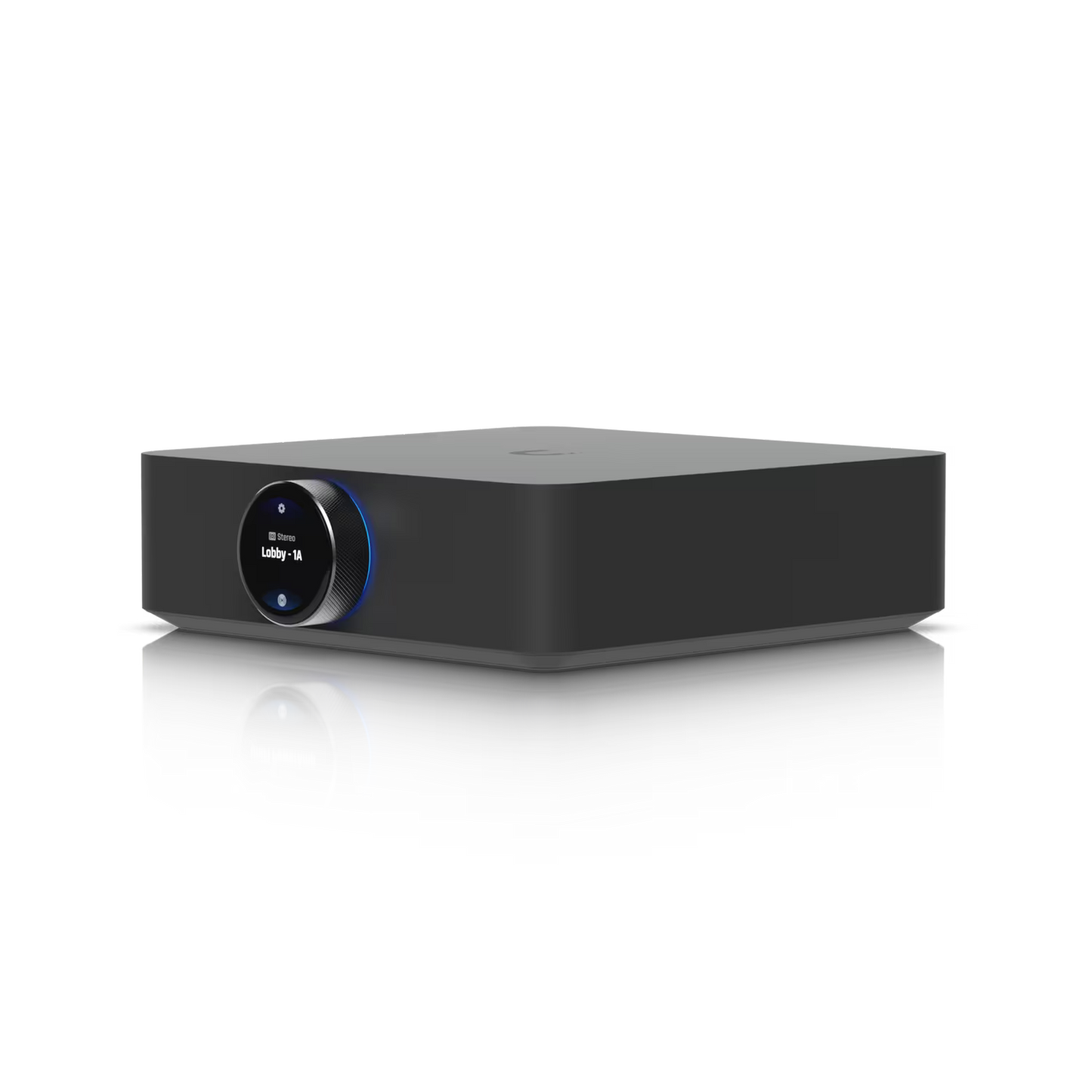 Rear view of the Ubiquiti UniFi PowerAmp Black, displaying the connectivity options.
