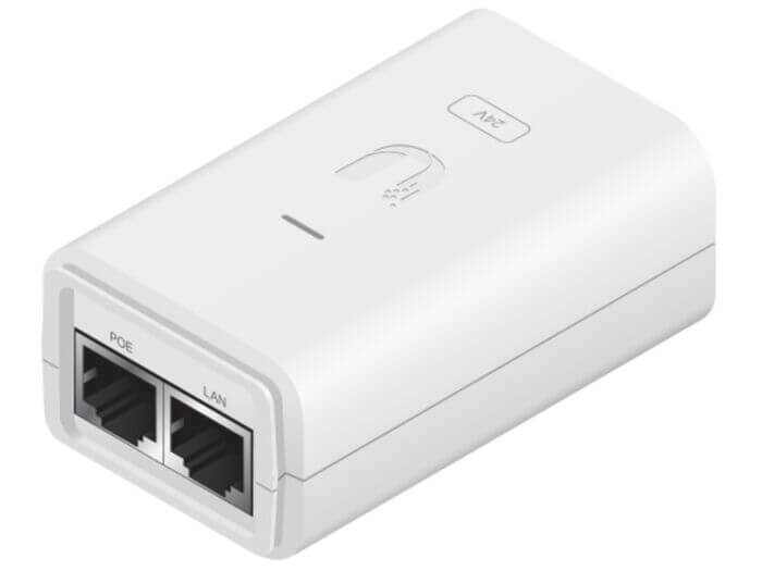Ubiquiti Gigabit PoE Adapter 24V 7W with product details visible.