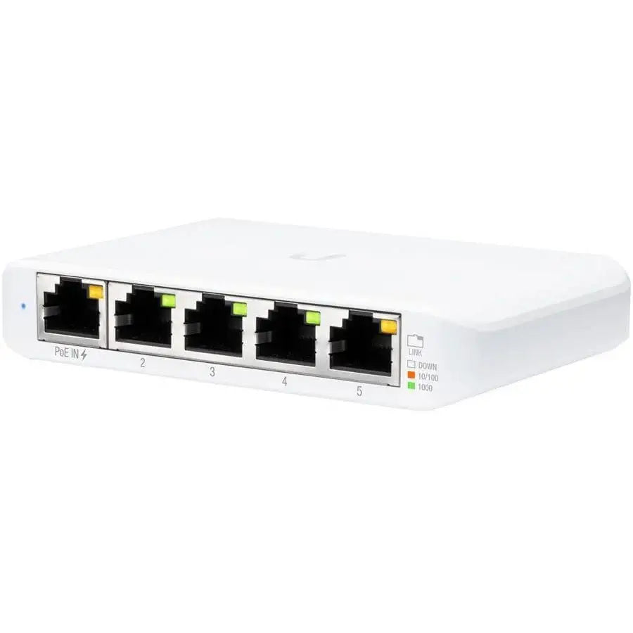 Angled view of the Ubiquiti UniFi Flex Mini 5 Port Gigabit Switch showcasing its design.