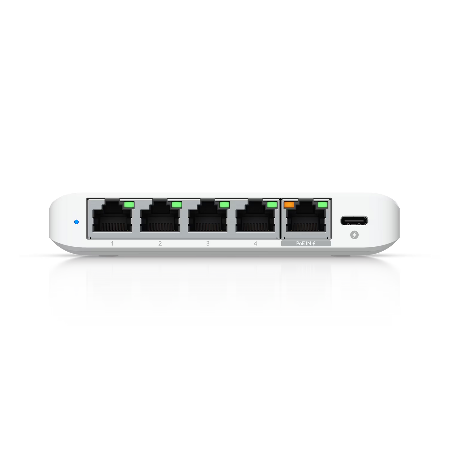 Back view of the Ubiquiti UniFi Flex Mini 5 Port Gigabit Switch highlighting the power input and connections.