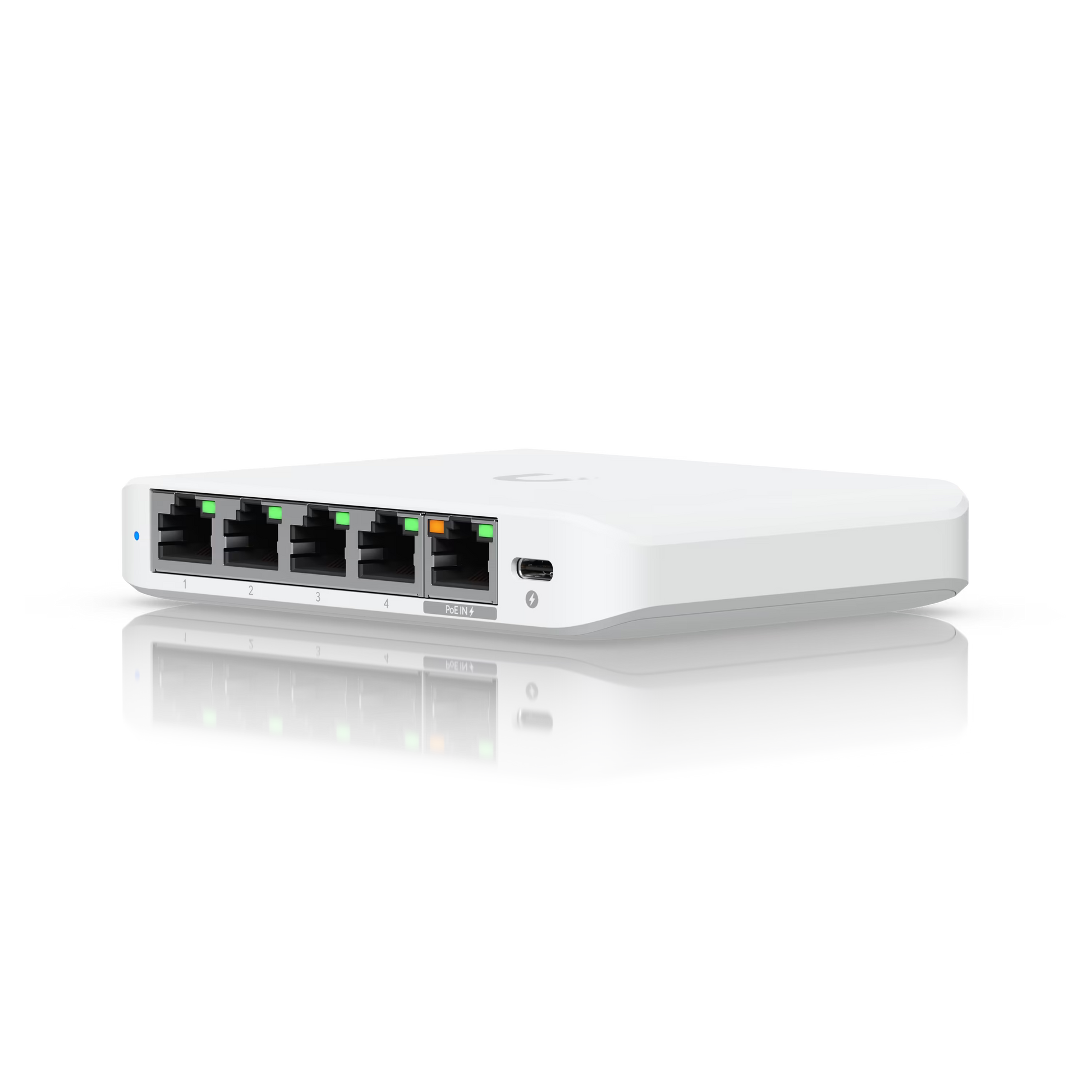 Front view of the Ubiquiti UniFi Flex Mini 5 Port Gigabit Switch showing ports and design.