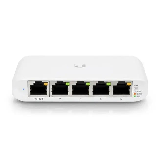 Lifestyle image of the Ubiquiti UniFi Flex Mini 5 Port Gigabit Switch in a modern office setting.