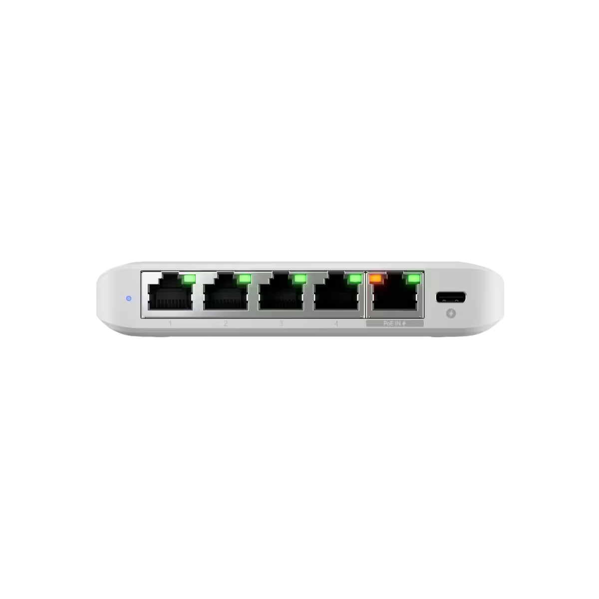 Ubiquiti UniFi Flex Mini 5 Port Gigabit Switch placed on a desk with a laptop.