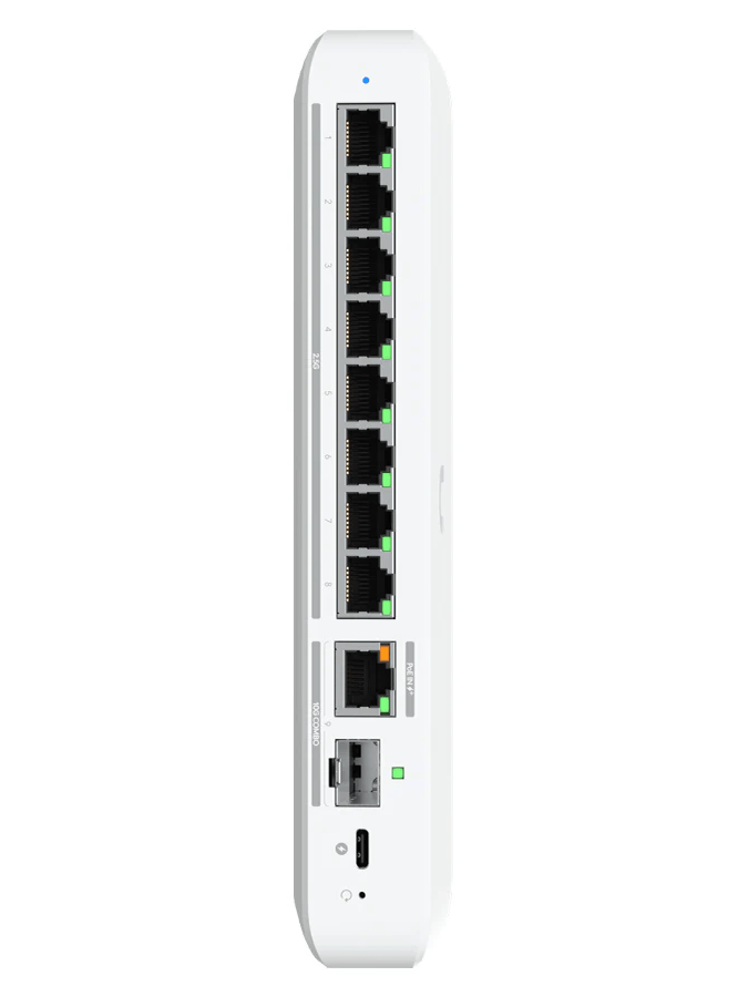 Angled view of the Ubiquiti UniFi Flex 2.5G 8 Port switch emphasizing its features and build quality.