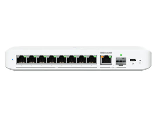 Front view of the Ubiquiti UniFi Flex 2.5G 8 Port switch showing its ports and design.