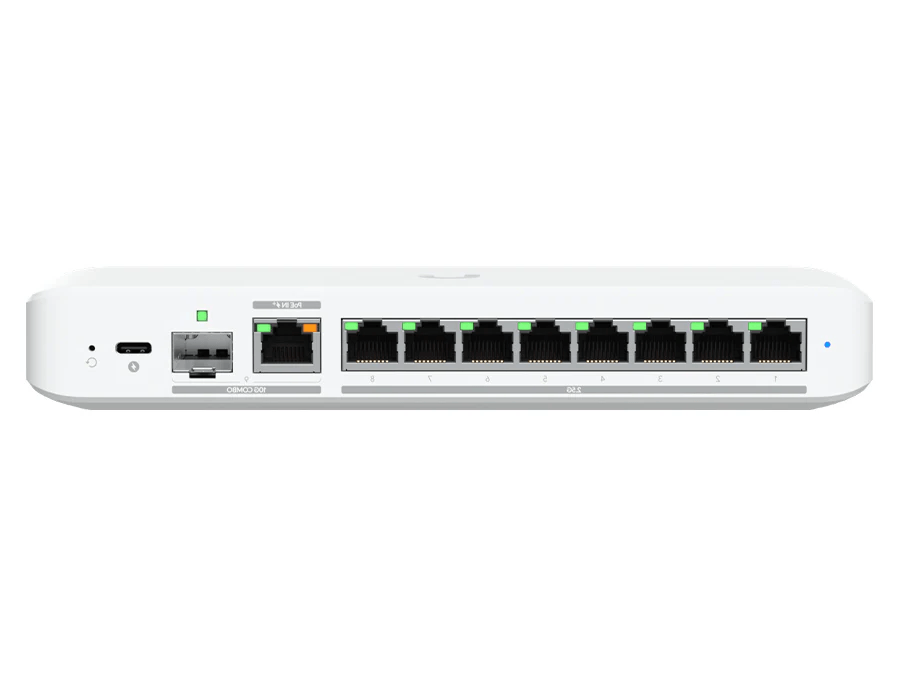 Reverse view of the Ubiquiti UniFi Flex 2.5G 8 Port switch showcasing its connectivity options.