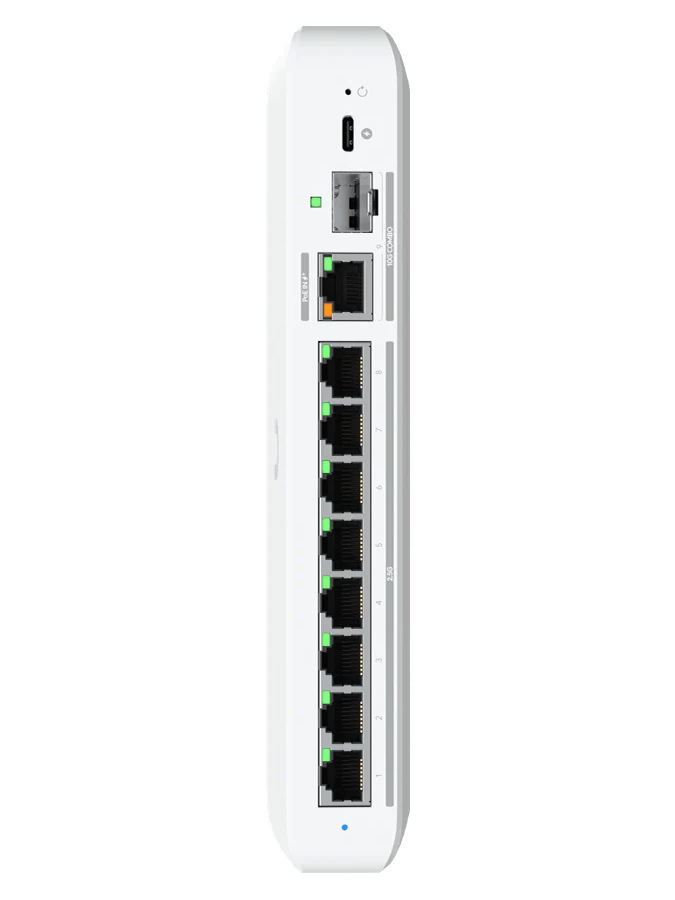 Side view of the Ubiquiti UniFi Flex 2.5G 8 Port switch highlighting its slim profile.