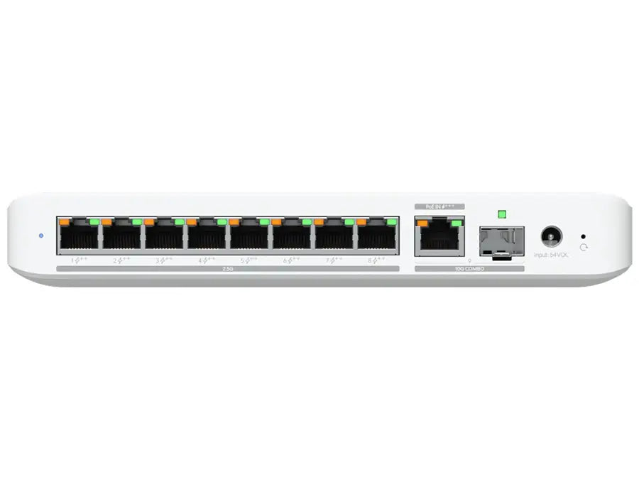 Front view of the Ubiquiti UniFi Flex 2.5G PoE 8 Port PoE with 10G Combo Uplink.