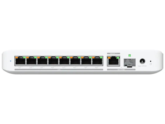 Front view of the Ubiquiti UniFi Flex 2.5G PoE 8 Port PoE with 10G Combo Uplink.