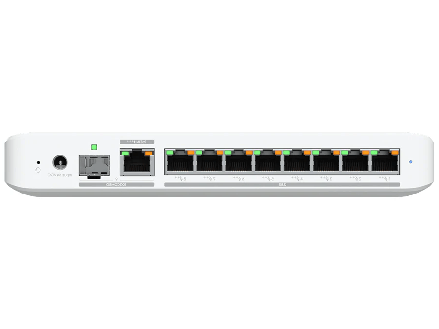 Reverse view of the Ubiquiti UniFi Flex 2.5G PoE 8 Port PoE with 10G Combo Uplink.