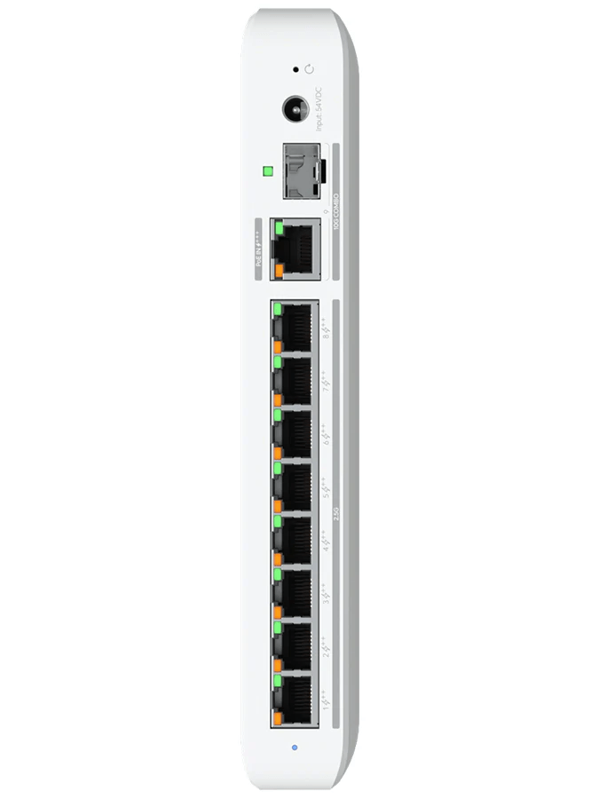 Side view of the Ubiquiti UniFi Flex 2.5G PoE 8 Port PoE with 10G Combo Uplink.