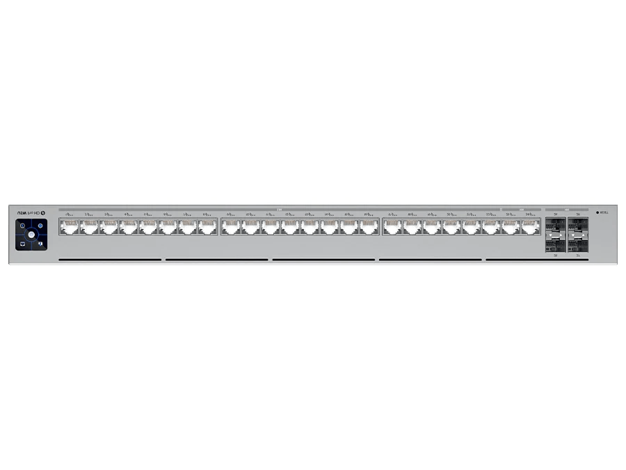 Vertical perspective of Ubiquiti UniFi Pro HD Switch displaying its connectivity options.