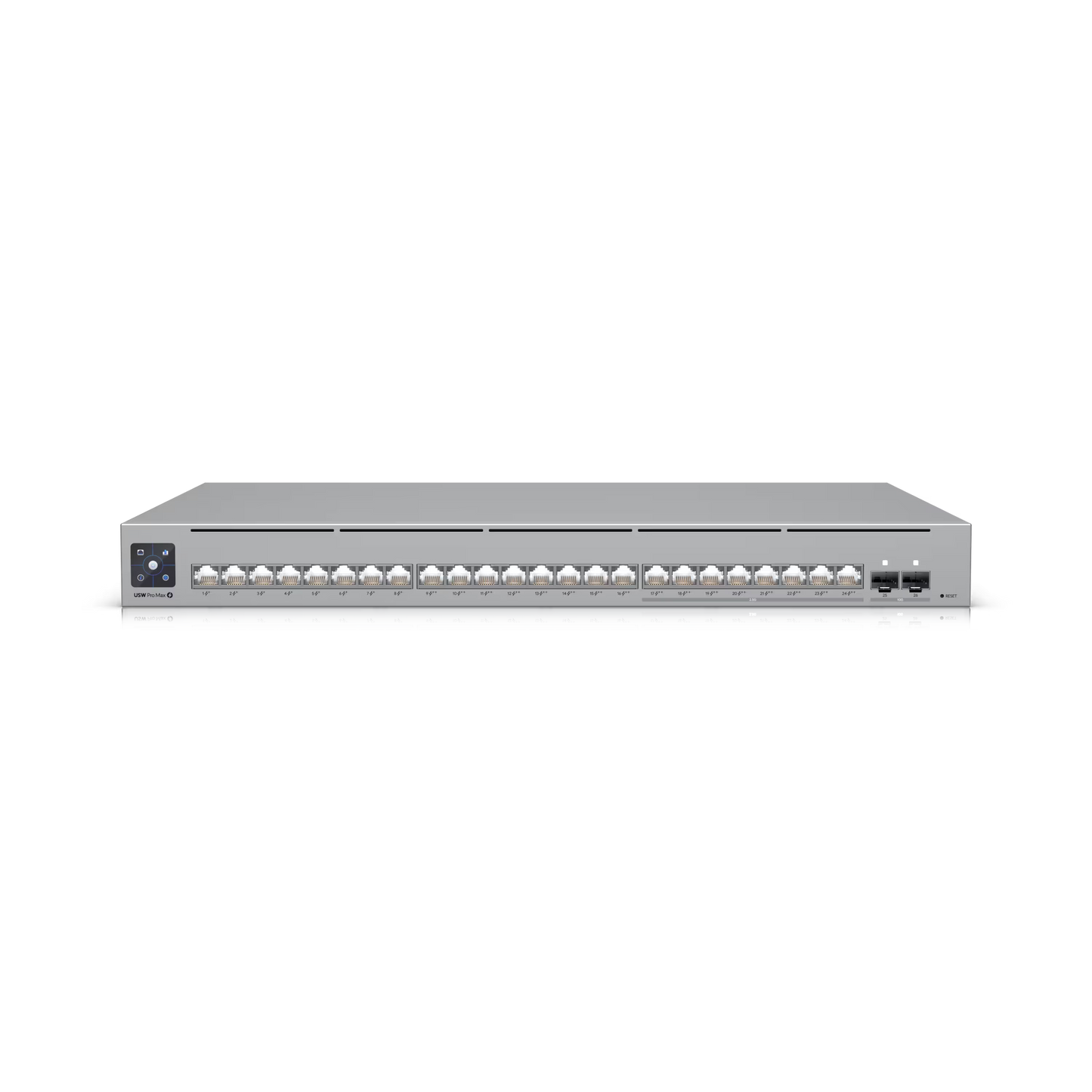 Front view of the Ubiquiti UniFi Pro Max Switch 24 showing its sleek design and multiple ports.