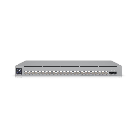 Front view of the Ubiquiti UniFi Pro Max Switch 24 showing its sleek design and multiple ports.