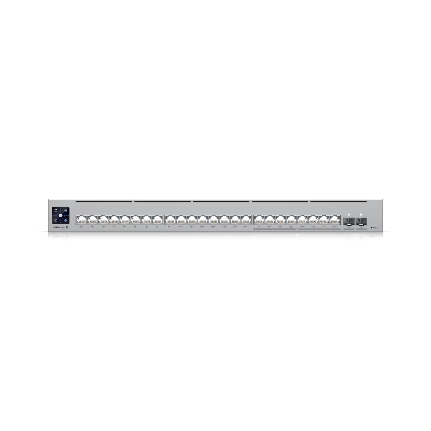 Rear view of the Ubiquiti UniFi Pro Max Switch 24 displaying the power input and cooling vents.