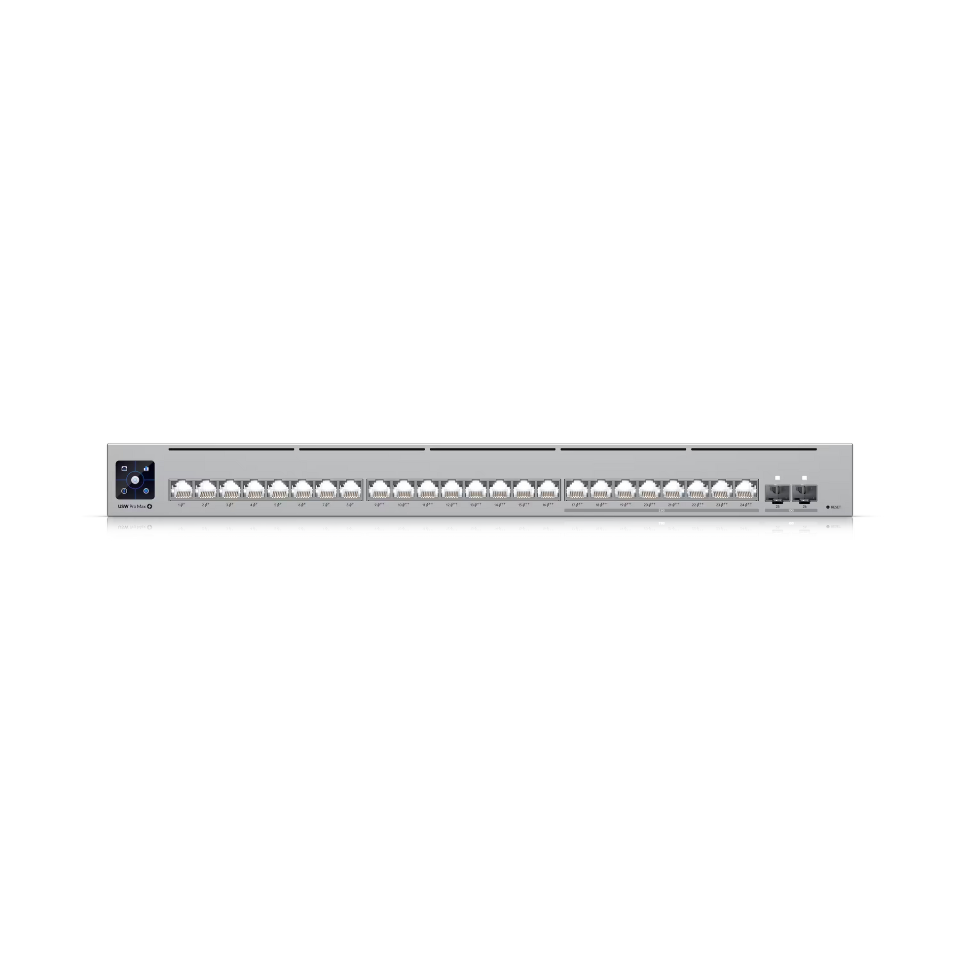 Rear view of the Ubiquiti UniFi Pro Max Switch 24 displaying the power input and cooling vents.