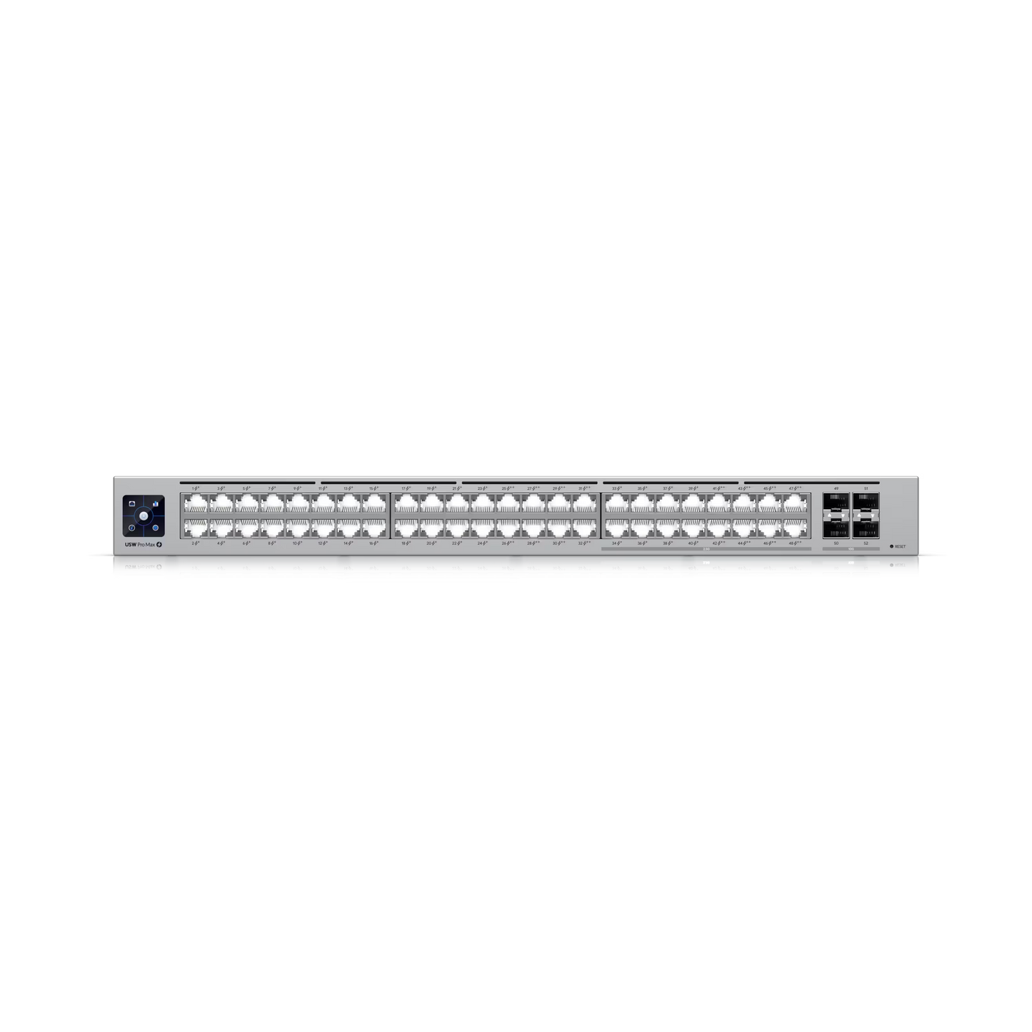 Ubiquiti UniFi Pro Max Switch 48 installed in a network rack with other equipment.