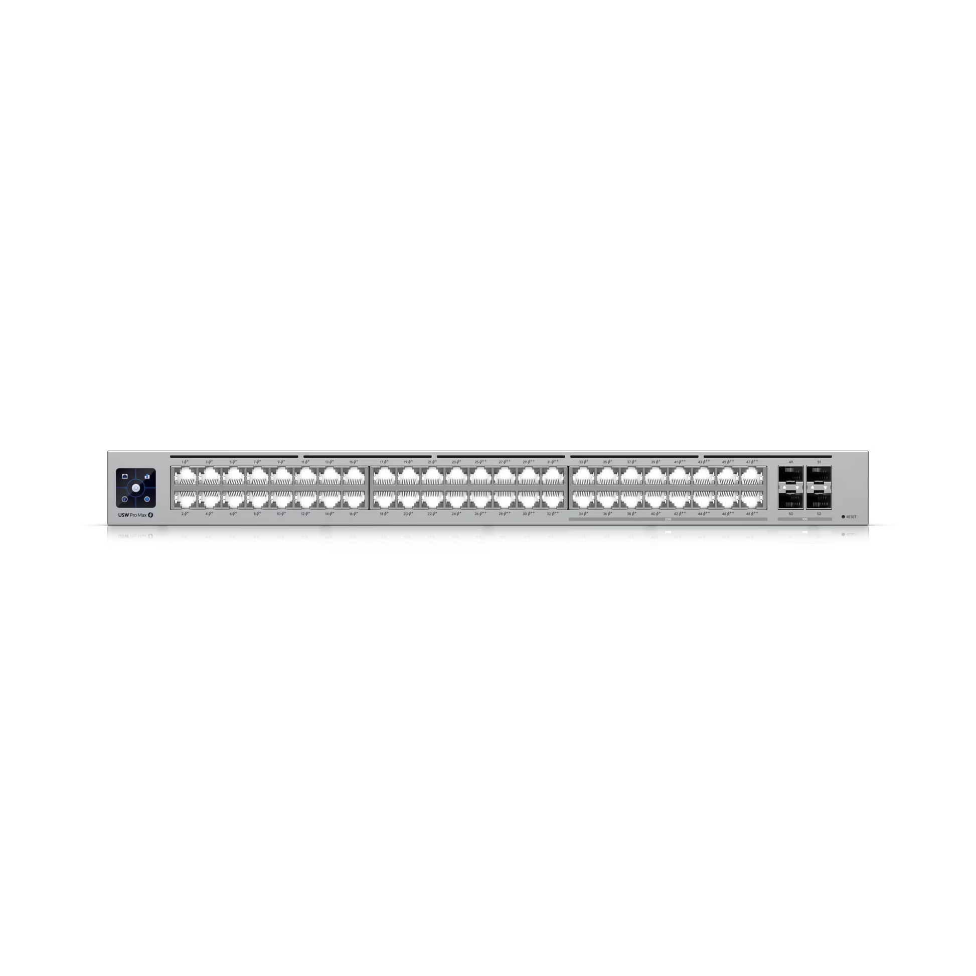 Ubiquiti UniFi Pro Max Switch 48 installed in a network rack with other equipment.