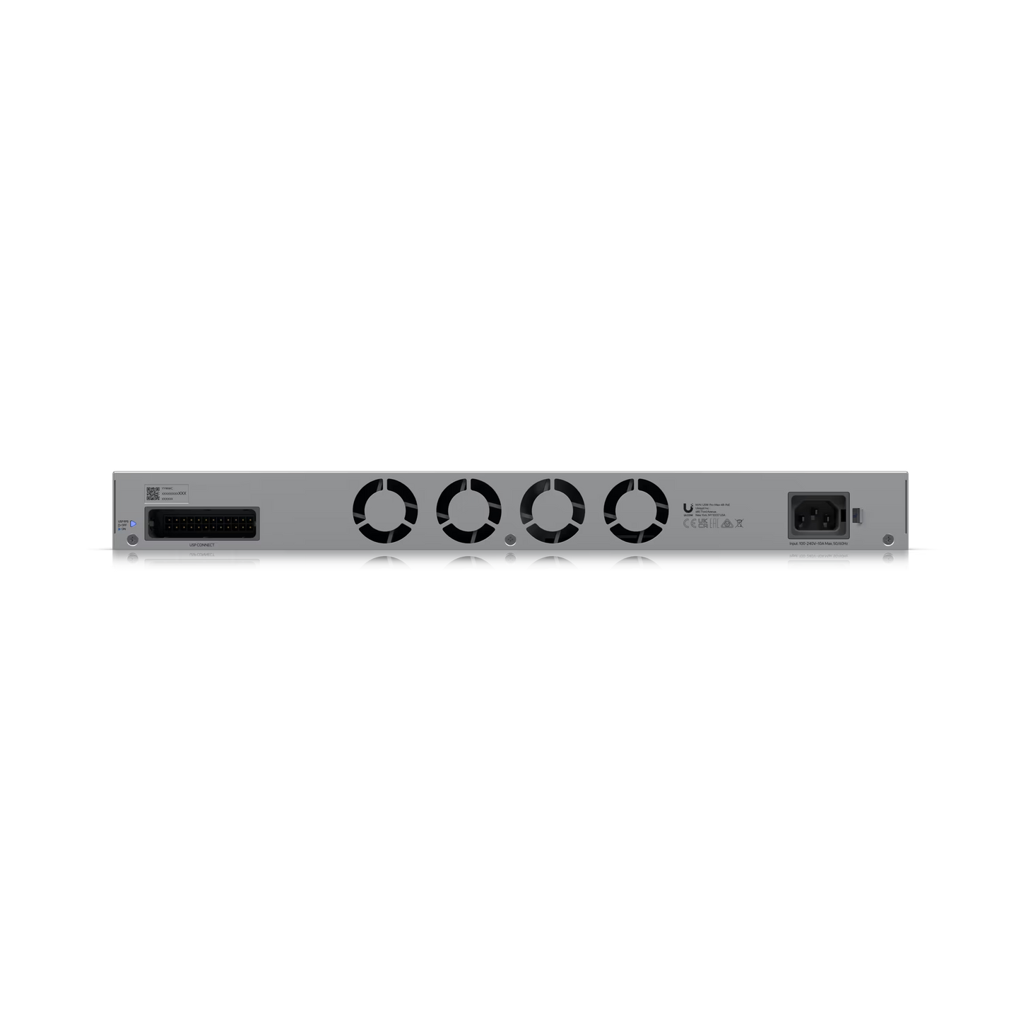 Technical specifications of Ubiquiti UniFi Pro Max Switch 48 displayed on a screen.