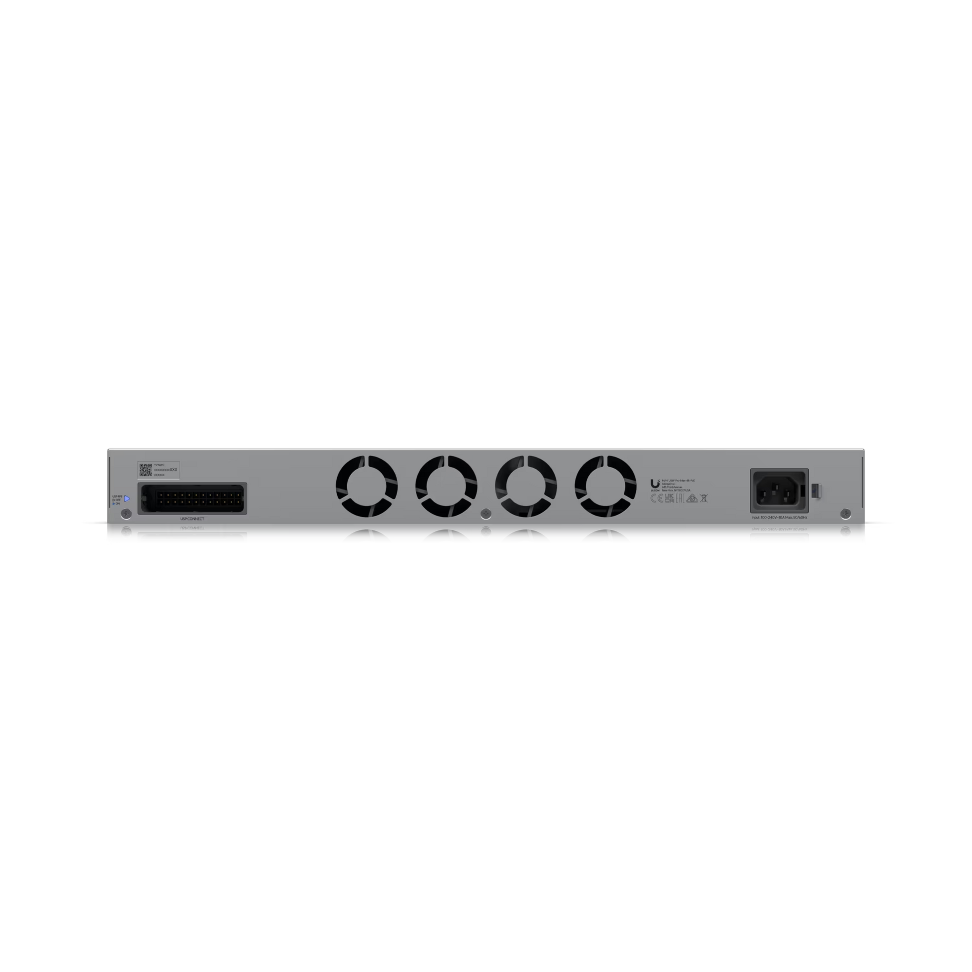 Technical specifications of Ubiquiti UniFi Pro Max Switch 48 displayed on a screen.