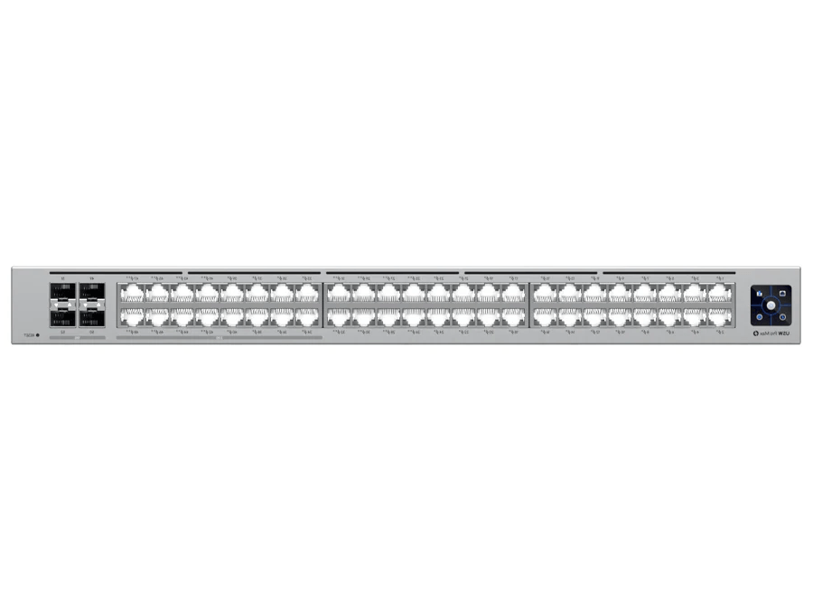 Reverse view of the Ubiquiti UniFi Pro Max Switch 48 highlighting the back panel and power inputs.