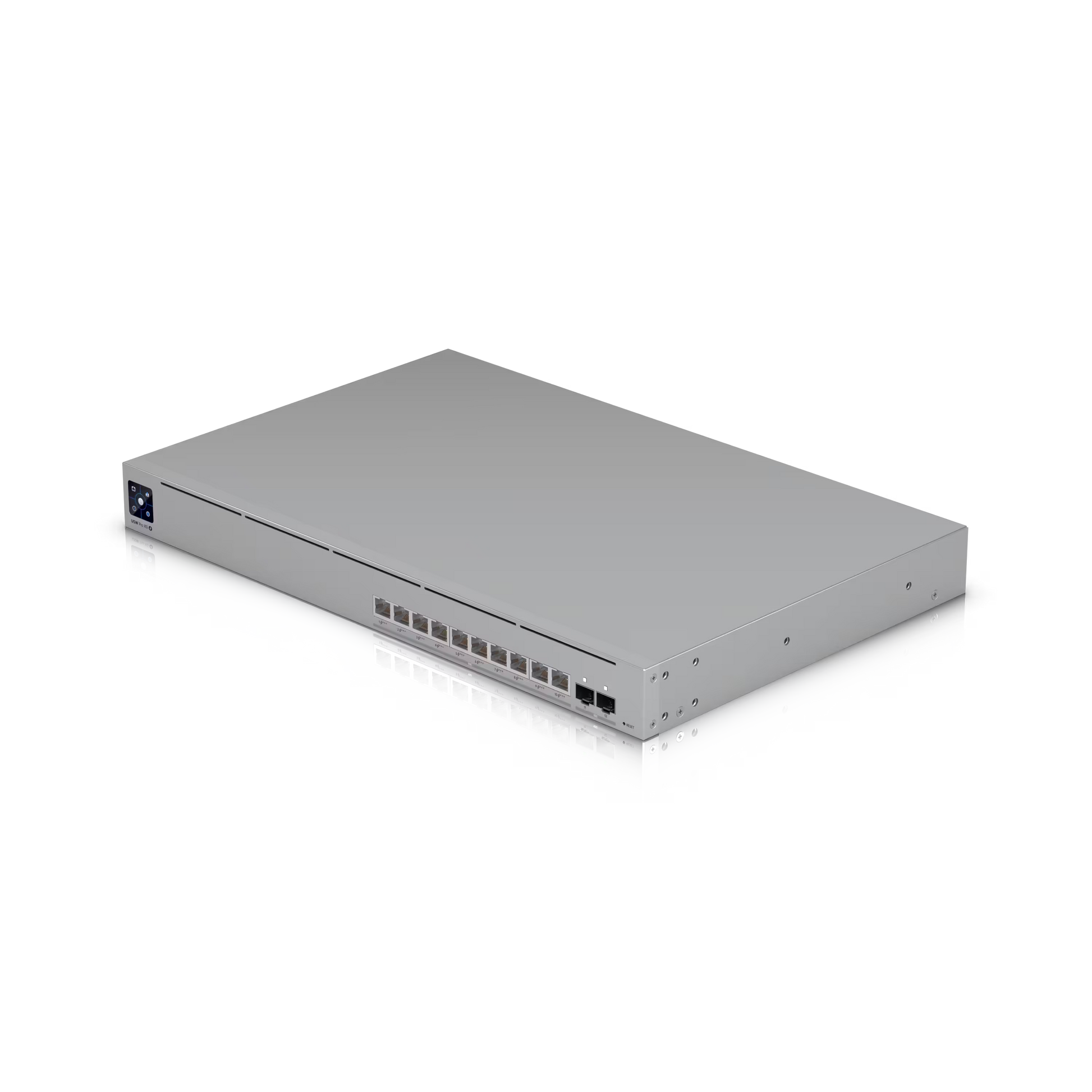 Angled view of the Ubiquiti UniFi Pro XG Switch showcasing its connectivity options.