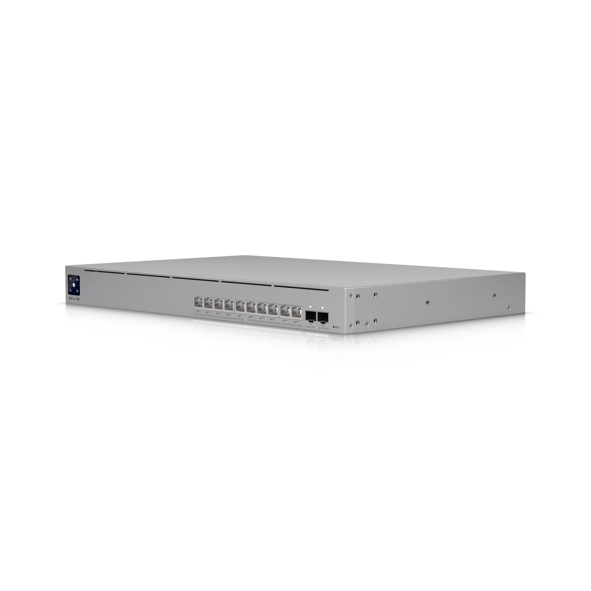 Dimensions of the Ubiquiti UniFi Pro XG Switch displayed with measurement indicators.