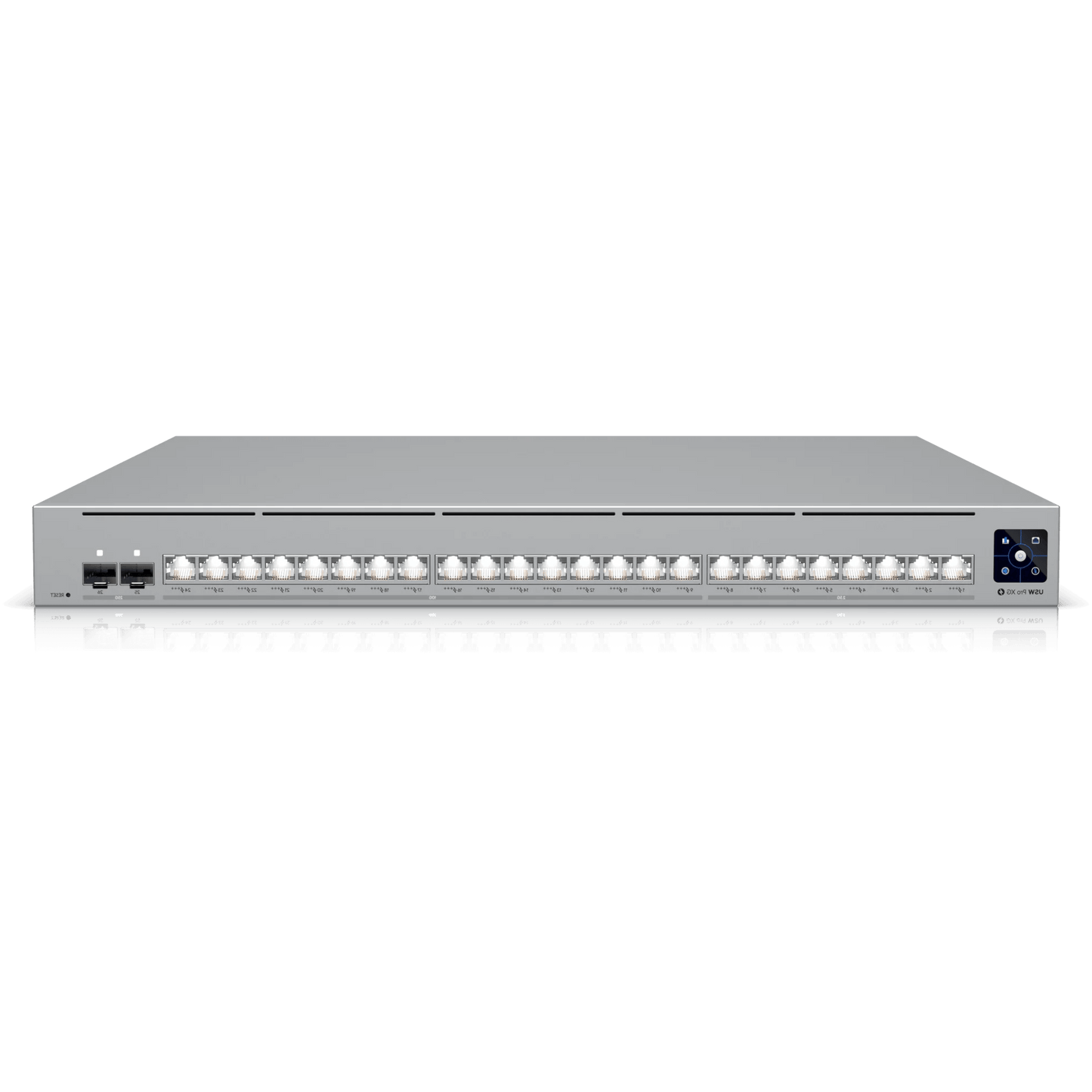 Flipped horizontal view of Ubiquiti UniFi Pro XG Switch.