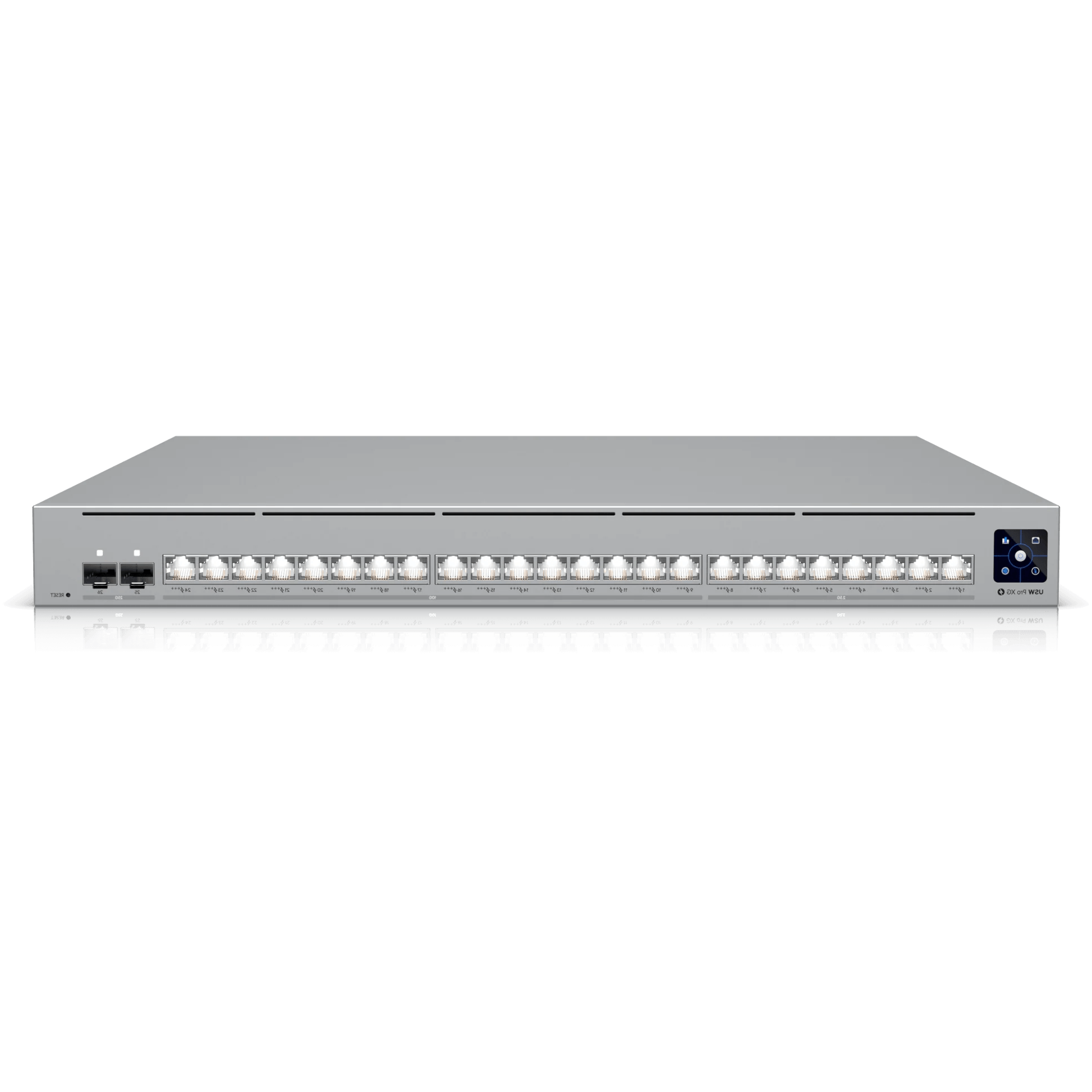 Flipped horizontal view of Ubiquiti UniFi Pro XG Switch.