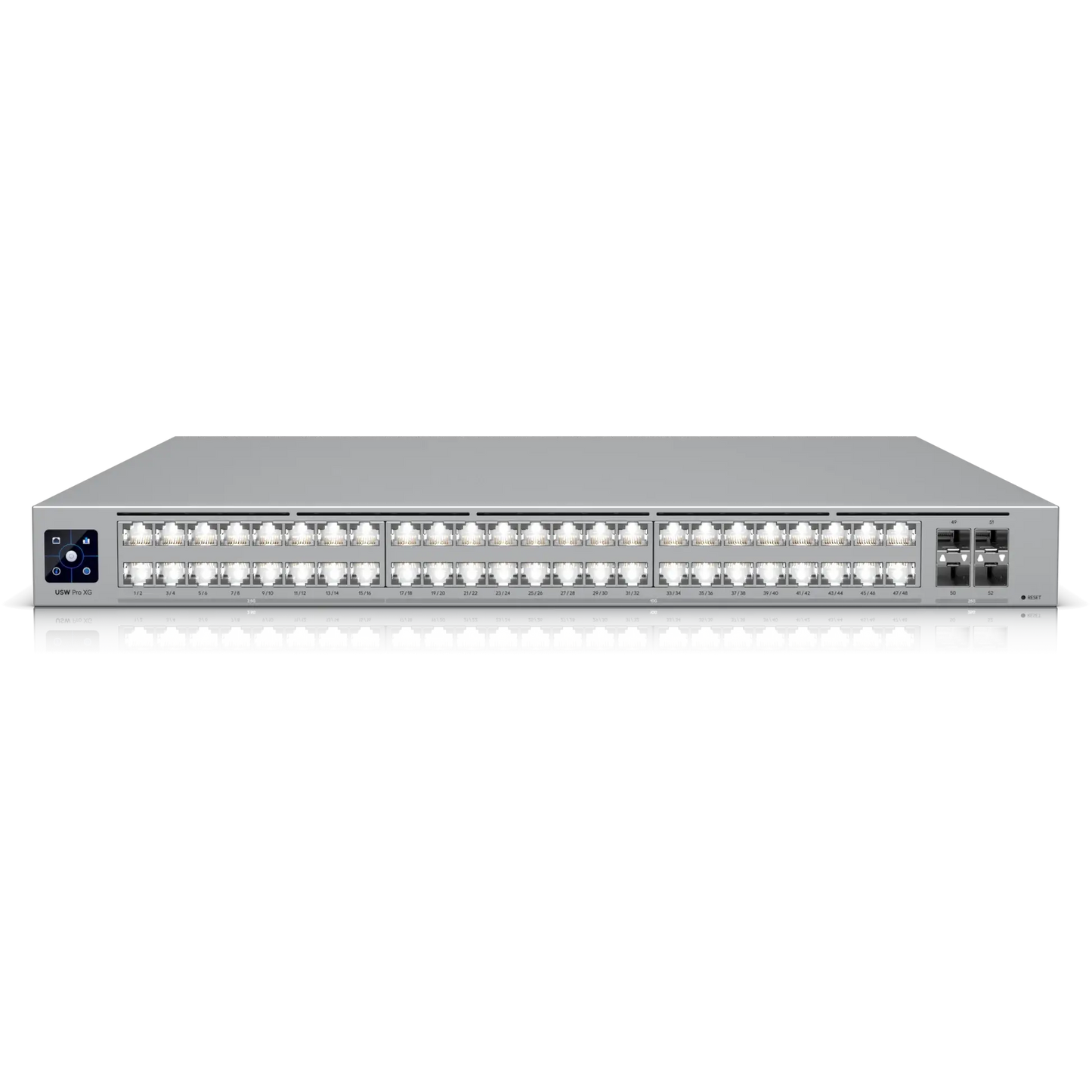 Front view of the Ubiquiti UniFi Pro XG Switch 32 Port 10Gbps, showcasing the 16 x 2.5Gbps and 2 SFP28 ports.