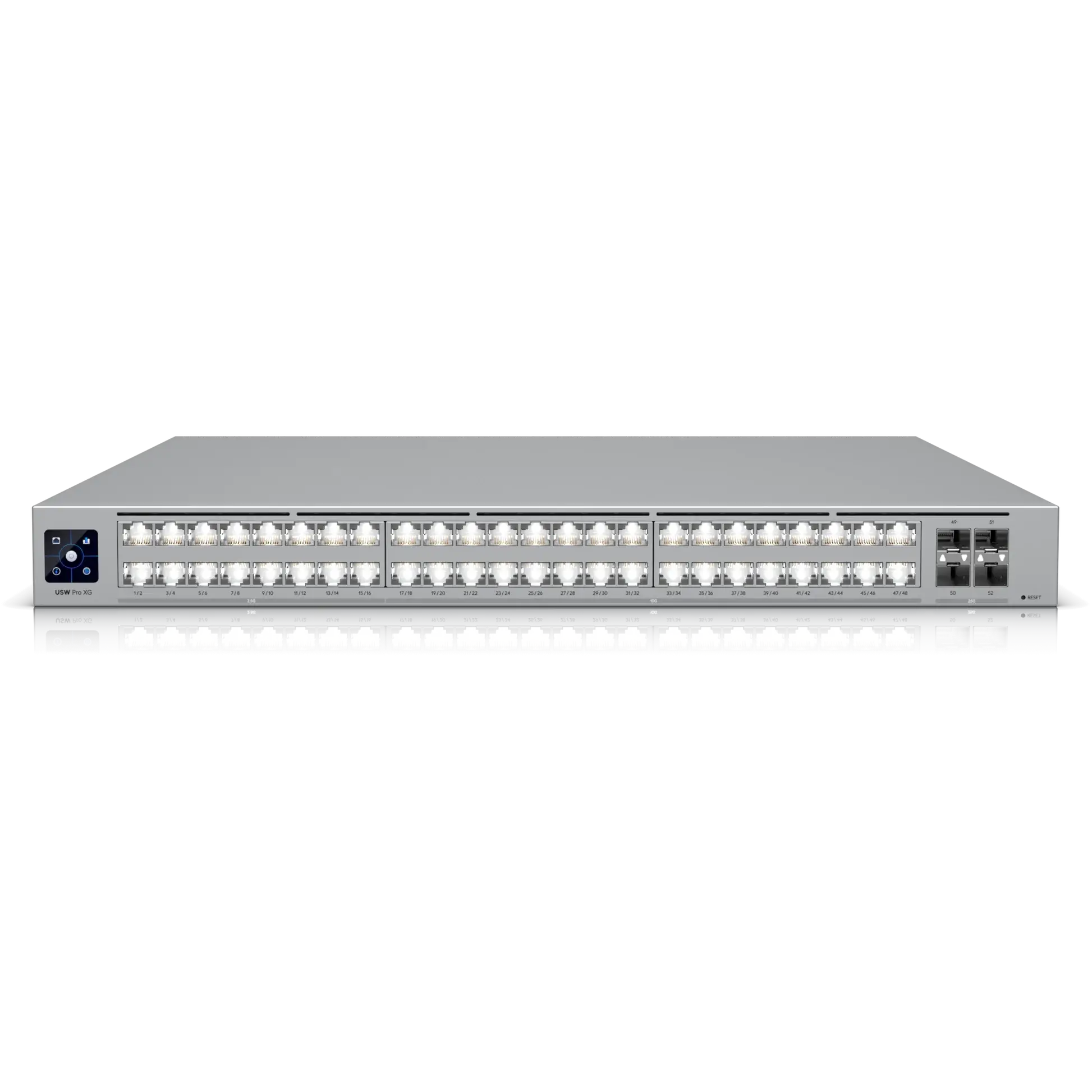 Front view of the Ubiquiti UniFi Pro XG Switch 32 Port 10Gbps, showcasing the 16 x 2.5Gbps and 2 SFP28 ports.