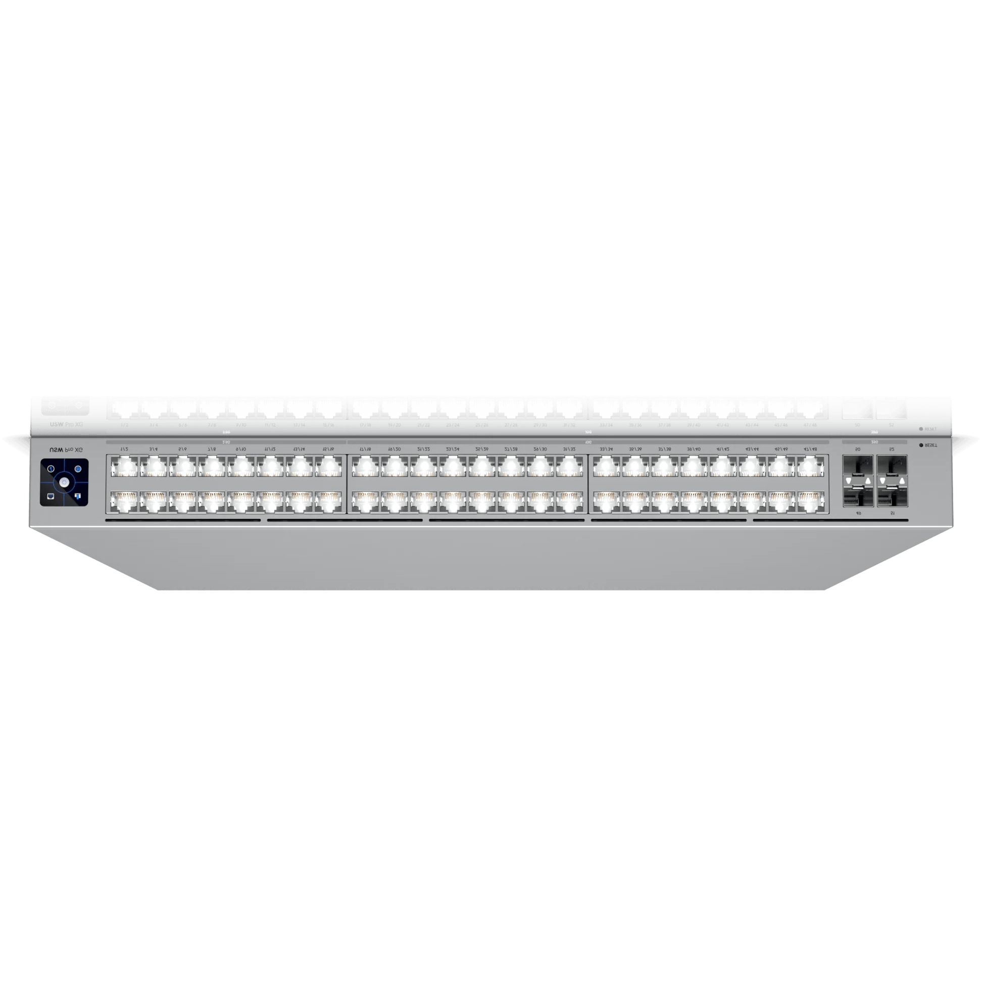 Inverted view of the Ubiquiti UniFi Pro XG Switch 32 Port 10Gbps, providing a unique perspective on the design and features.