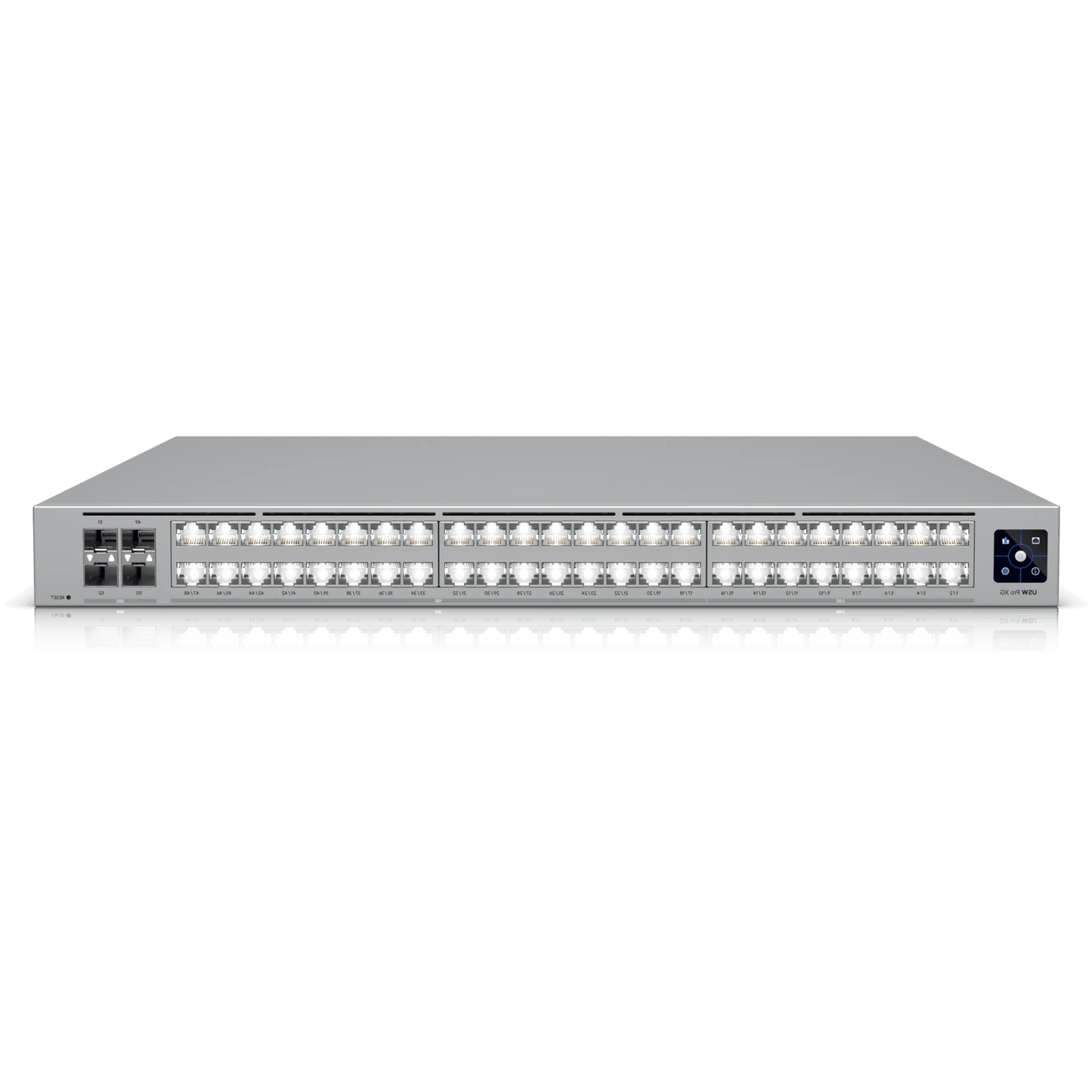Reverse front view of the Ubiquiti UniFi Pro XG Switch 32 Port 10Gbps, featuring the product branding and port configuration.