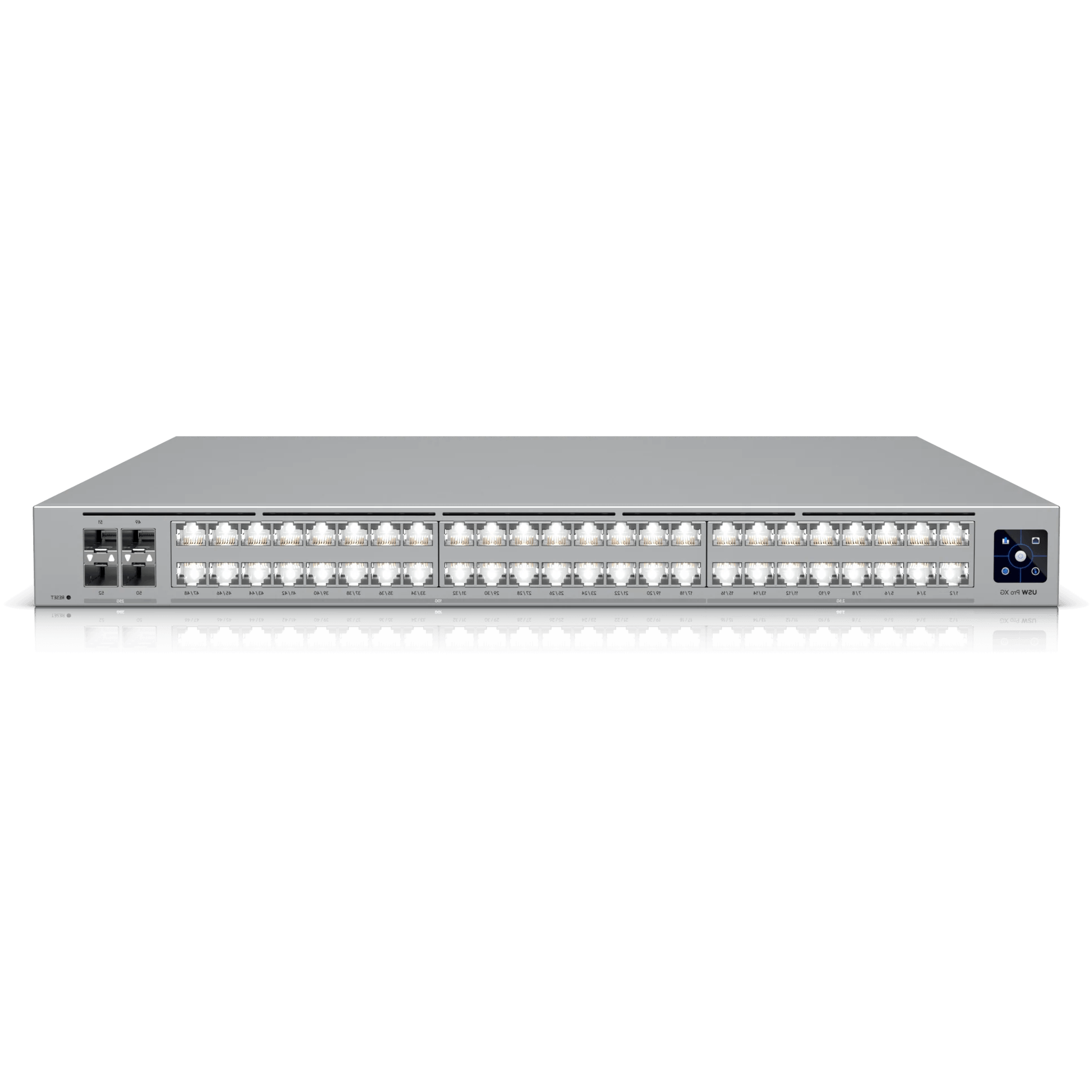 Reverse front view of the Ubiquiti UniFi Pro XG Switch 32 Port 10Gbps, featuring the product branding and port configuration.