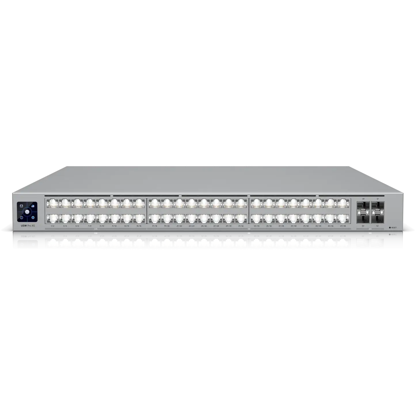 Side view of the Ubiquiti UniFi Pro XG Switch 32 Port 10Gbps, highlighting the sleek design and port layout.