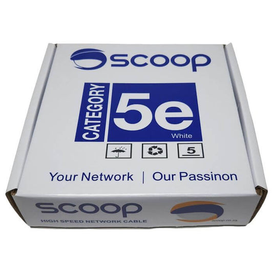 Scoop 100M Cat5e CCA White UTP Cable displayed on a white background.