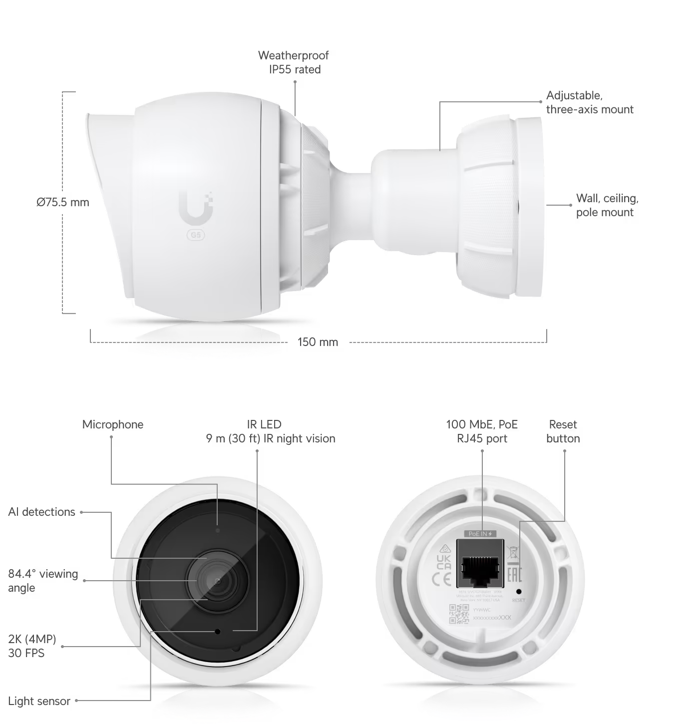Close-up of the Ubiquiti UniFi Protect G5 Bullet 4MP IP Camera highlighting its features.