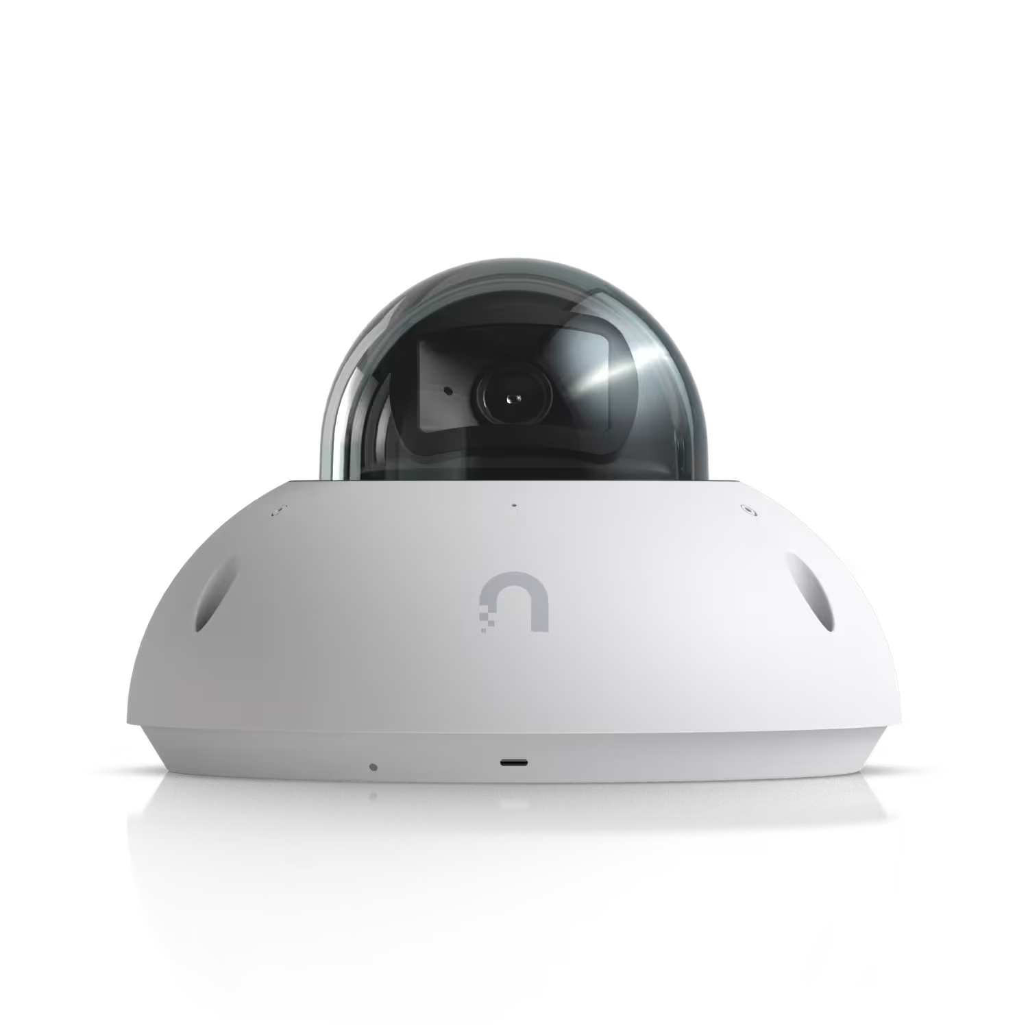 Angled view of the Ubiquiti UniFi Protect G6 Dome 8MP IP Camera highlighting its lens and dome shape.