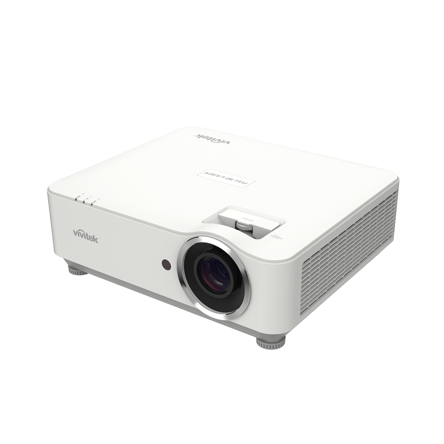 Vivitek DH3660Z 1080p Laser DLP Projector viewed from the right side angle, showcasing its design and features.