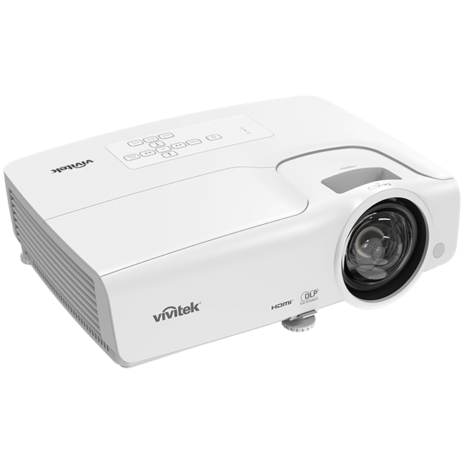 Vivitek DW284 ST WXGA Short Throw DLP Projector showcasing its sleek design and features, including 3600 lumens brightness and a 20,000:1 contrast ratio.