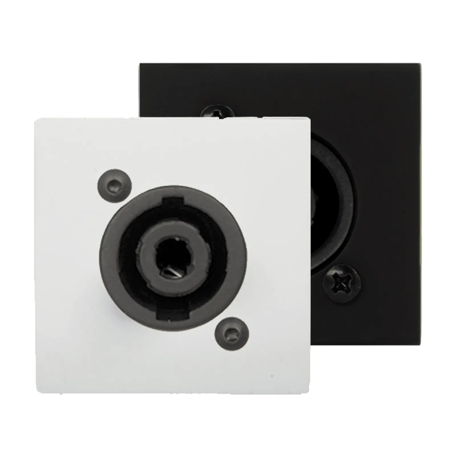 AUDAC CP45SPES Connection Plate D-Size Speaker in white, measuring 45 x 45 mm, designed for solderless connections.