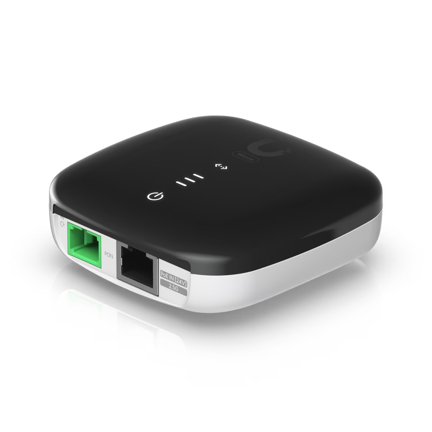Ubiquiti UISP WaveFiber SC/APC 2.5Gbps Ethernet ONU side view showcasing the sleek design and connectivity options.