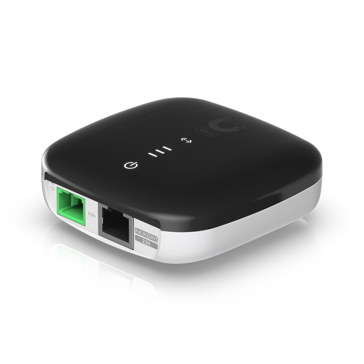 Ubiquiti UISP WaveFiber SC/APC 2.5Gbps Ethernet ONU side view showcasing the sleek design and connectivity options.