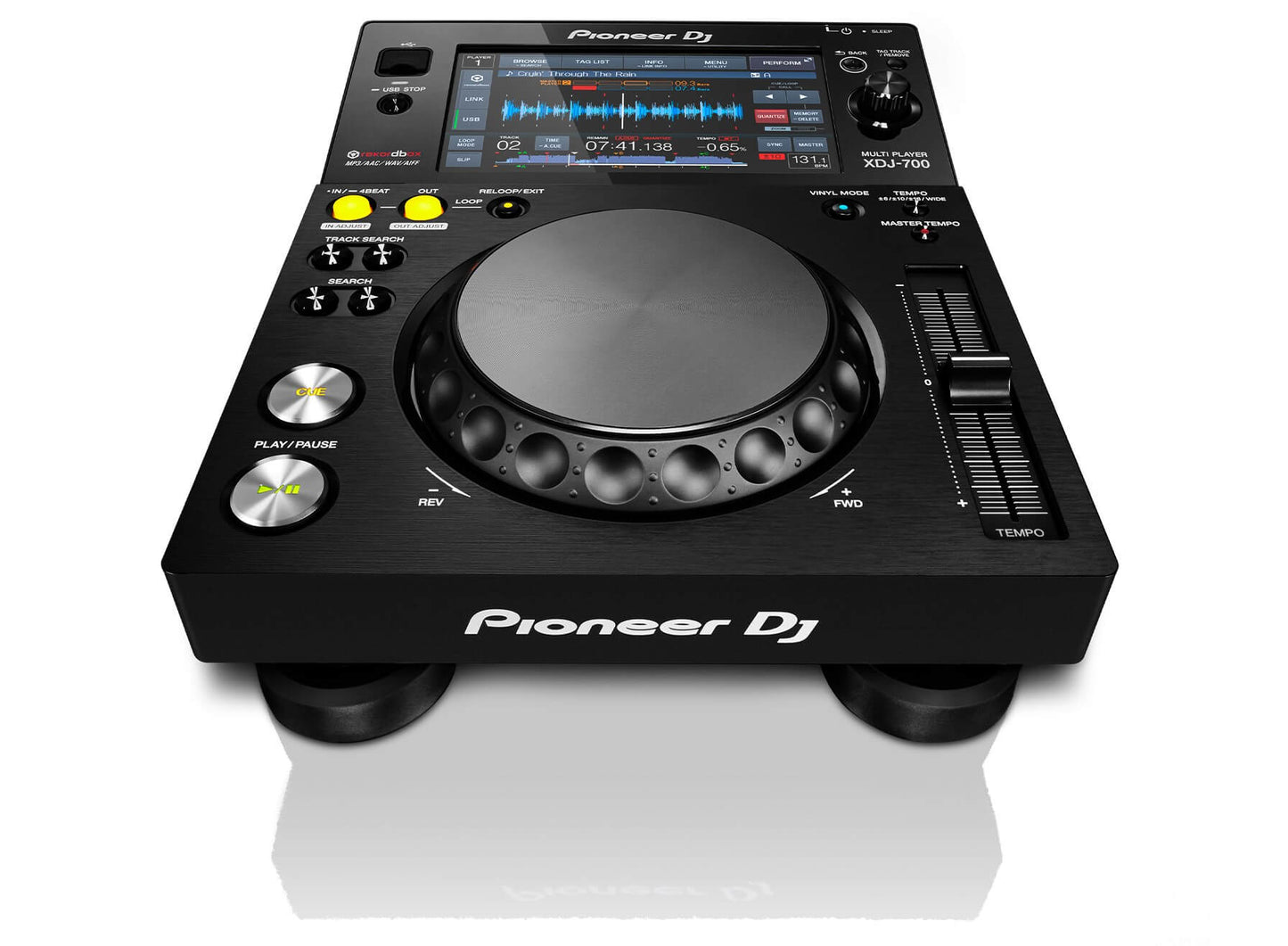 Pioneer XDJ-700 Compact Performance Multi Player featuring a 7-inch touchscreen, viewed from the front angle.