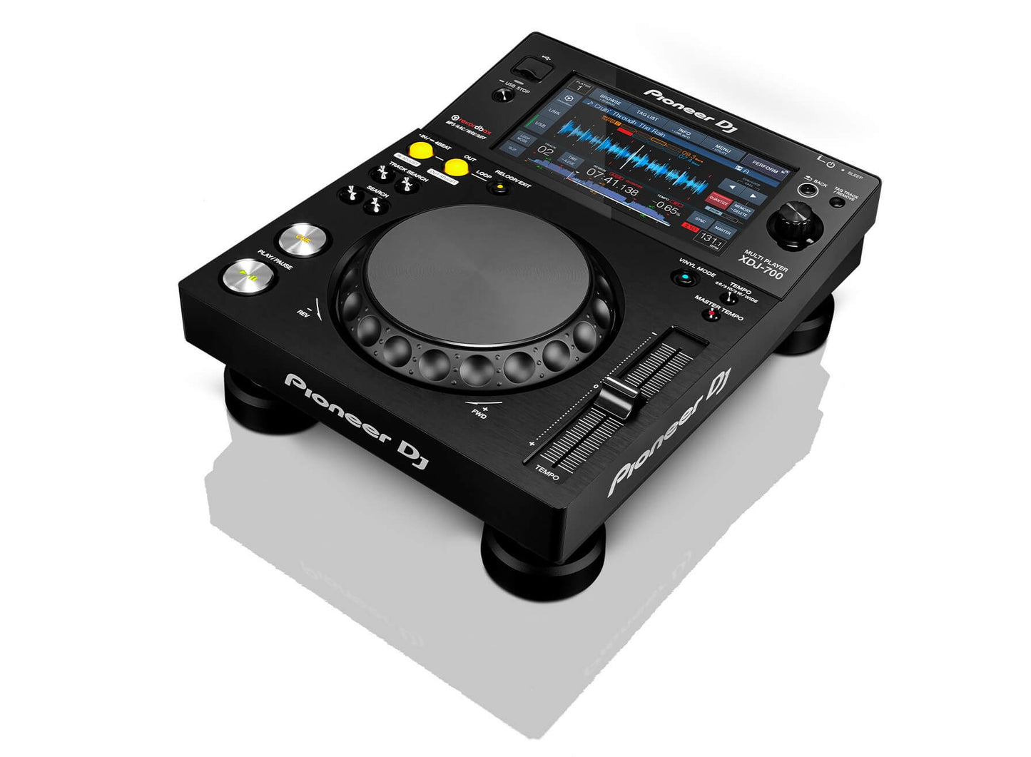 Pioneer XDJ-700 Compact Performance Multi Player featuring a 7-inch touchscreen, viewed from an angle.