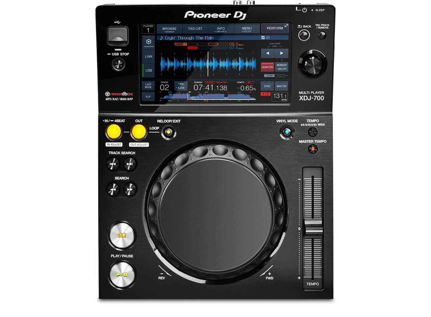 Pioneer XDJ-700 Compact Performance Multi Player featuring a 7-inch touchscreen interface.