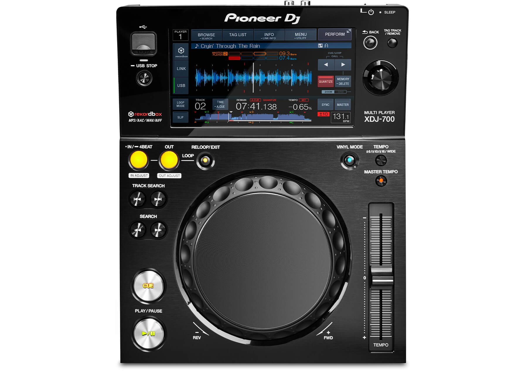 Pioneer XDJ-700 Compact Performance Multi Player featuring a 7-inch touchscreen interface.