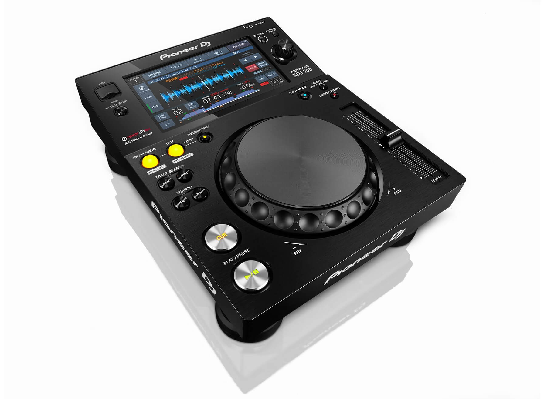 Pioneer XDJ-700 Compact Performance Multi Player featuring a 7-inch touchscreen, showcasing its angled design.