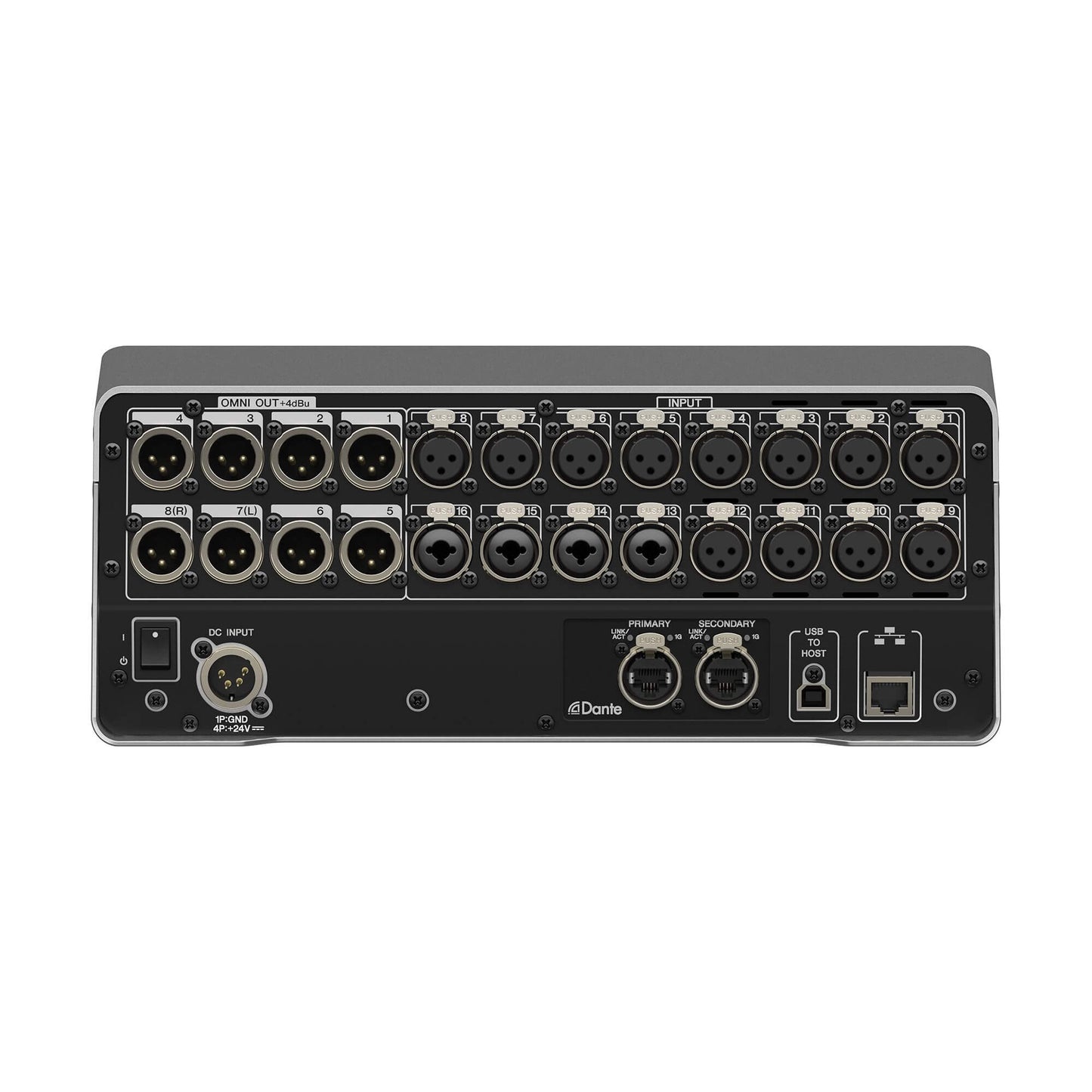 Rear view of the YAMAHA DM3-D 22-Channel Digital Mixing Console showcasing its professional audio connections and design.